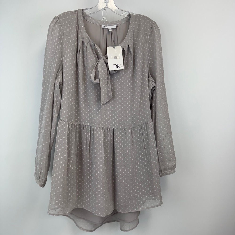 DR2 Dress Women Large Gray Swiss Dot Tie Neck Long Sleeve Babydoll‎ NWT